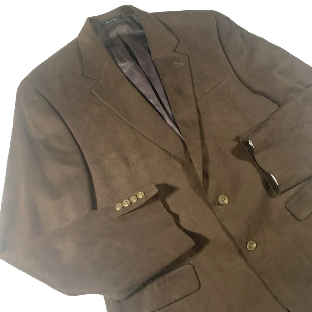Chaps Mens Blazer Jacket 44R Brown Faux Suede 2 Button Sport Coat Microfiber